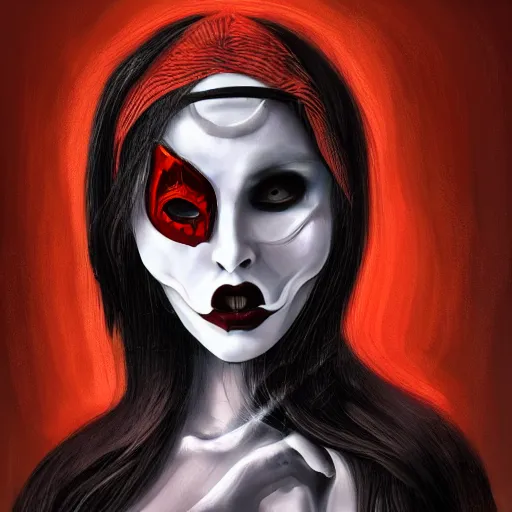 Prompt: Female death holding a mask, kodachrome, high contrast, highly detailed, sharp focus, digital painting, concept art, illustration, trending on artstation,