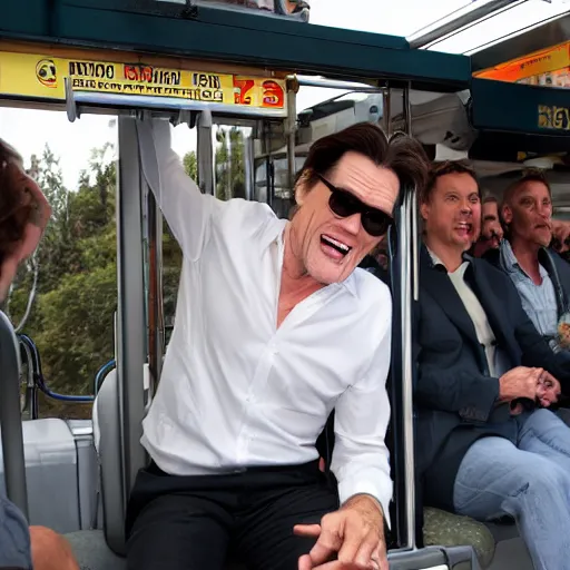 Image similar to jim carrey on a cablecar