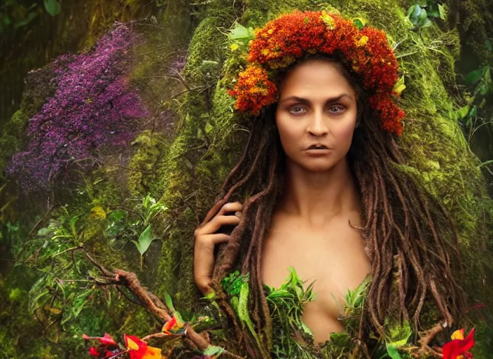 Prompt: a magical forest dryad, brown skin like soil, flowers on heir cheeks, bright glowing ember eyes like fire, dressed in a green robe, colorful flowers growing from her head, branches growing as hair, , golden sunlight, queen of the forest, extremely detailed, realistic, photo by annie leibovitz, masterpiece, award-winning, mythological, mossy, grass, oil on canvas, soft colors, wide shot, very low angle photograph, simon stålenhag