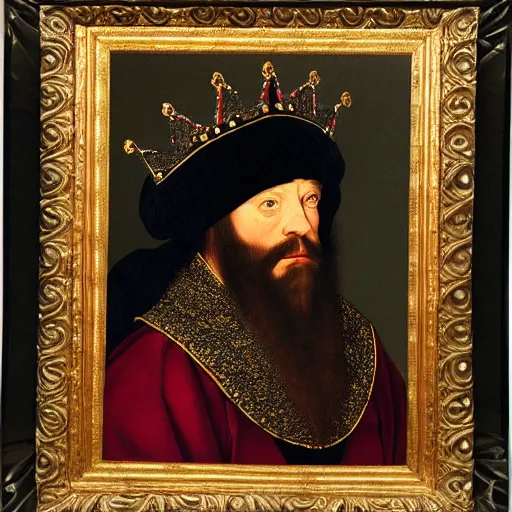 Image similar to Official royal portrait of a king, middle ages, full body, front facing, ominous, black beard, wearing royal crown, dark red embellished tunic, dark background, detailed, hans holbein, highly dramatic, 15th century oil painting