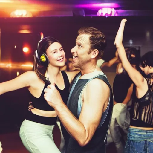 Prompt: photo of a 4 0 year old white man living thinking he's living the best life possible. he looks young for his age. he is at a dance club, it's as if he were in a music video. woman are flocking to him and can be seen dancing around him in a seductive manner.