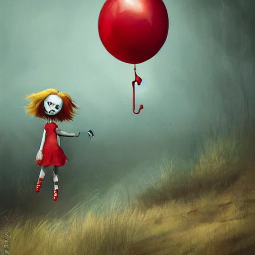 Image similar to grunge cartoon landscape painting of bilie eilish with a wide smile and a red balloon by - michal karcz, loony toons style, pennywise style, horror theme, detailed, elegant, intricate