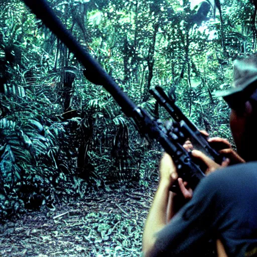 Prompt: film still, extreme far view, emma watson, jungle, vietnam door gunner, apocalypse now, associated press,, 2 6 mm, kodak ektachrome e 1 0 0, blue tint expired film,