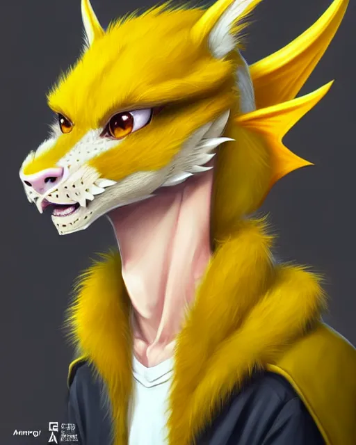 Prompt: character concept art of a cute young male anthropomorphic yellow dragon furry | | cute - fine - face, pretty face, key visual, realistic shaded perfect face, fine details by stanley artgerm lau, wlop, rossdraws, james jean, andrei riabovitchev, marc simonetti, and sakimichan, trending on artstation