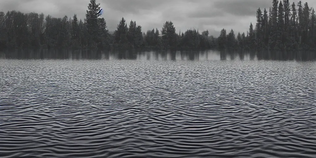 Image similar to centered photograph of a infintely long rope zig zagging across the surface of the water into the distance, floating submerged rope stretching out towards the center of the lake, a dark lake on a cloudy day, color film, trees in the background, hyper - detailed photo, anamorphic lens