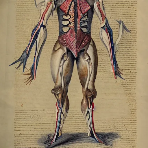 Prompt: on parchment vintage detailed colored sketch of full body dragoon anatomy, full description full page