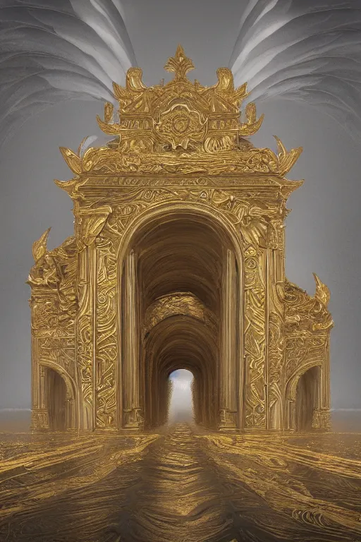 Image similar to a beautiful 3 d gigantic golden hell's gate osborne robert mandel artstation unreal 8 k ， greco - roman art, intricate complexity, gilded swirls on monochrome, occult propaganda, in the thick fog