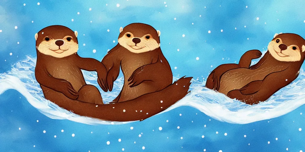 Prompt: A pair of adorable otters falling in love holding hands side by side All alone in a huge storm at sea, fantasy illustration, cinematic, dreamlike, Award winning, romance, detailed trending on art station masterpiece