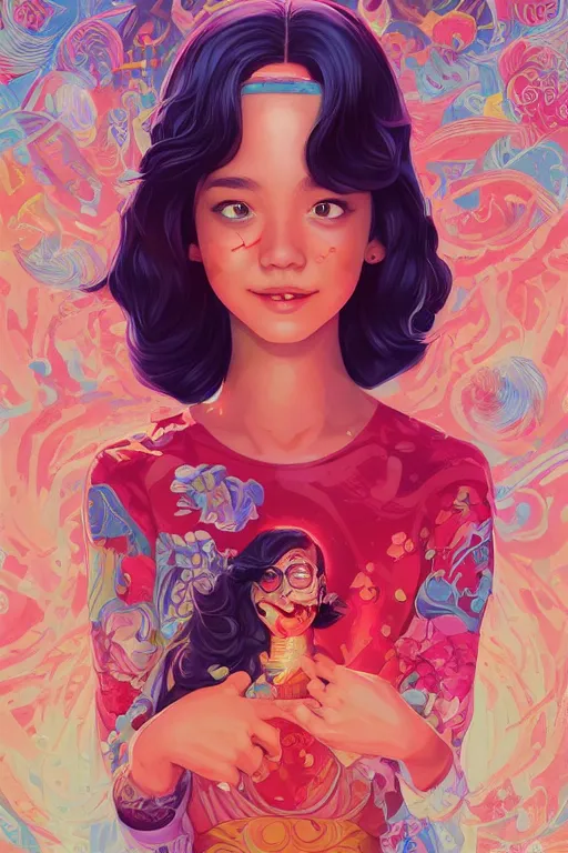 Image similar to a smiling cute girl beautiful skin and wavy hair, tristan eaton, victo ngai, artgerm, rhads, ross draws