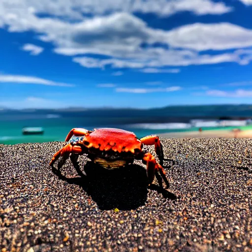 Image similar to crab on beach on sand, sea in the background, sun is shining