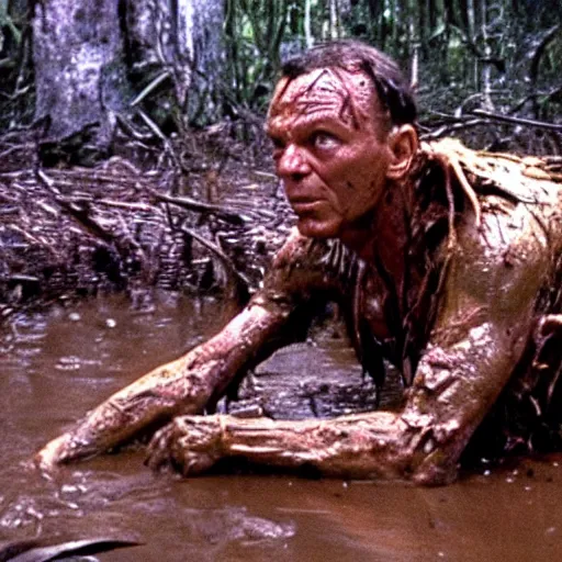 Prompt: cinematic still of frank sinatra, covered in mud and watching a predator in a swamp in 1 9 8 7 movie predator, hd, 4 k