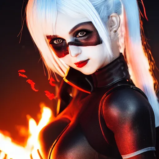 Image similar to photo of Harley Quinn as 2B nier automata, fire in background, bokeh, medium full shot, highly detailed skin and detailed face, flares, multicolor smoke