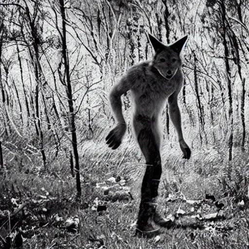 Image similar to black and white trailcam footage of native weird distorted human body Skinwalker transforming into a coyote