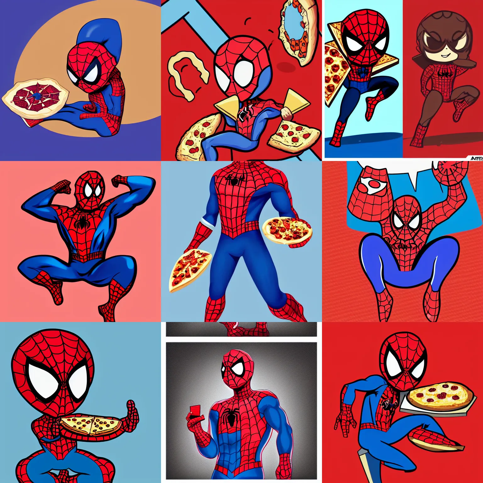 Prompt: digital illustration of cute chibi unmasked spiderman eating pizza, trending in artstation, highly detailed, award-winning, official marvel comics, very cute, happy, gradient background