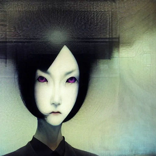 Image similar to yoshitaka amano blurred and dreamy realistic three quarter angle portrait of a woman with white hair and black eyes wearing dress suit with tie, junji ito abstract patterns in the background, satoshi kon anime, noisy film grain effect, highly detailed, renaissance oil painting, weird portrait angle, blurred lost edges