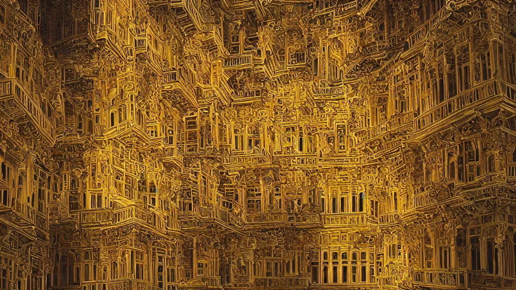 Prompt: baroque architecture, by Escher and Jean Delville, fractal, walled city of Kowloon, golden lighting, ornate