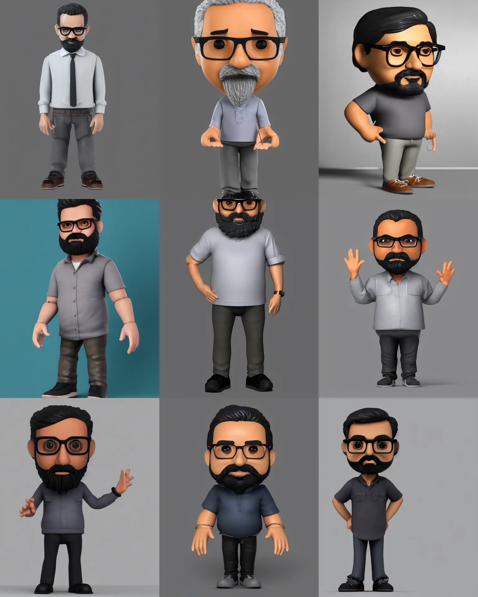 Prompt: full body 3 d render of middle aged indian man, it specialist, small dark grey circle! beard, small glasses, dark hair, as a full body funko pop!, studio lighting, grey background, single body, no shadow, blender, trending on artstation, 8 k, highly detailed