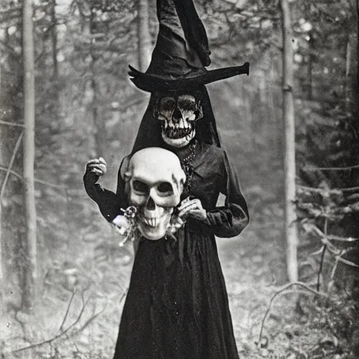 Prompt: portrait of a witch wearing a skull mask holding a puppet in an ominous forest, 1 9 0 0 s photography