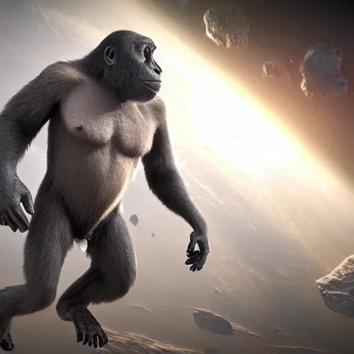 Image similar to ape in space, full body, realistic, ultra detail, 8k, Unreal Engine, Atmospheric