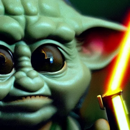 Prompt: scene from Star Wars 1977, Baby Yoda and Cheburashka holding lightsabers, amazing cinematography, by phil hale, 8k, remastered, high resolution