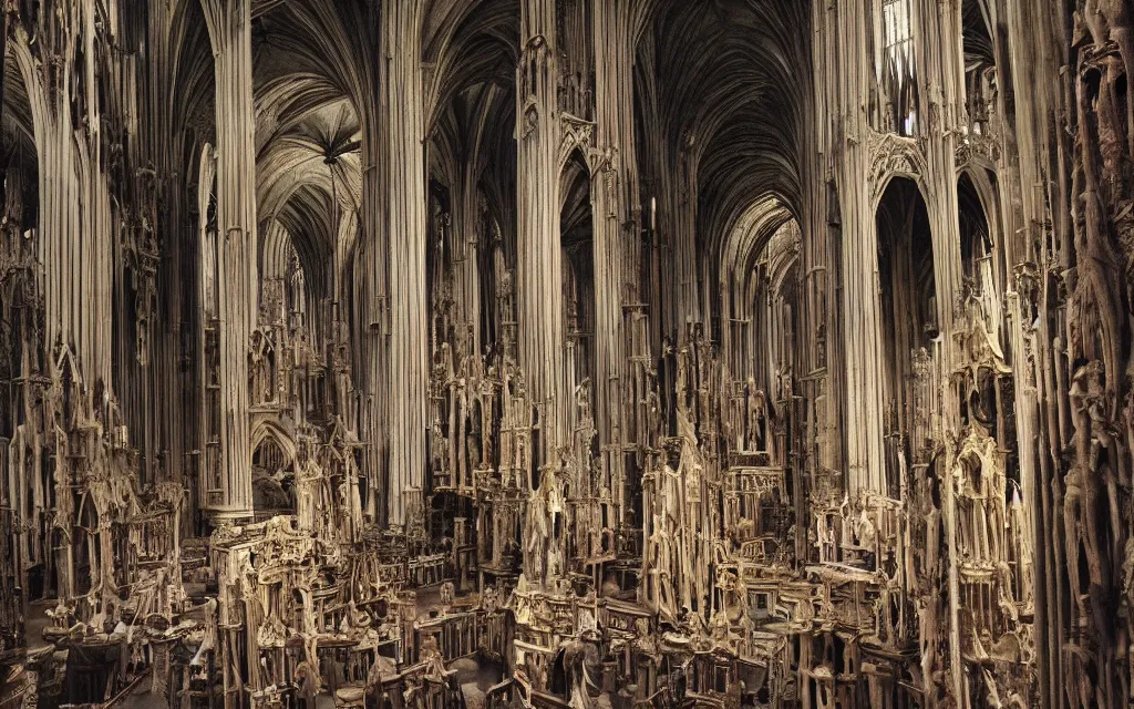 Prompt: cathedral made of flesh and bones, realistic, old color photograph, dynamic composition, creepy