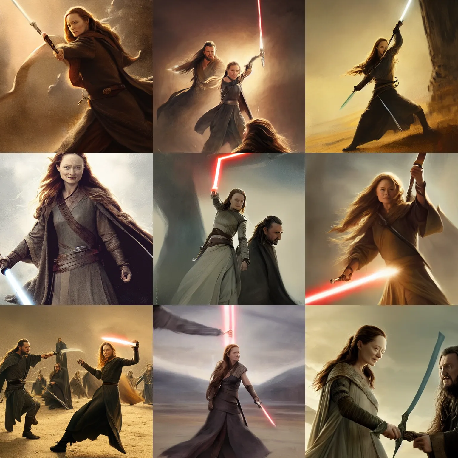 Prompt: miranda otto / eowyn swinging a sword at liam neeson / qui - gon jinn, digital art by greg rutkowski