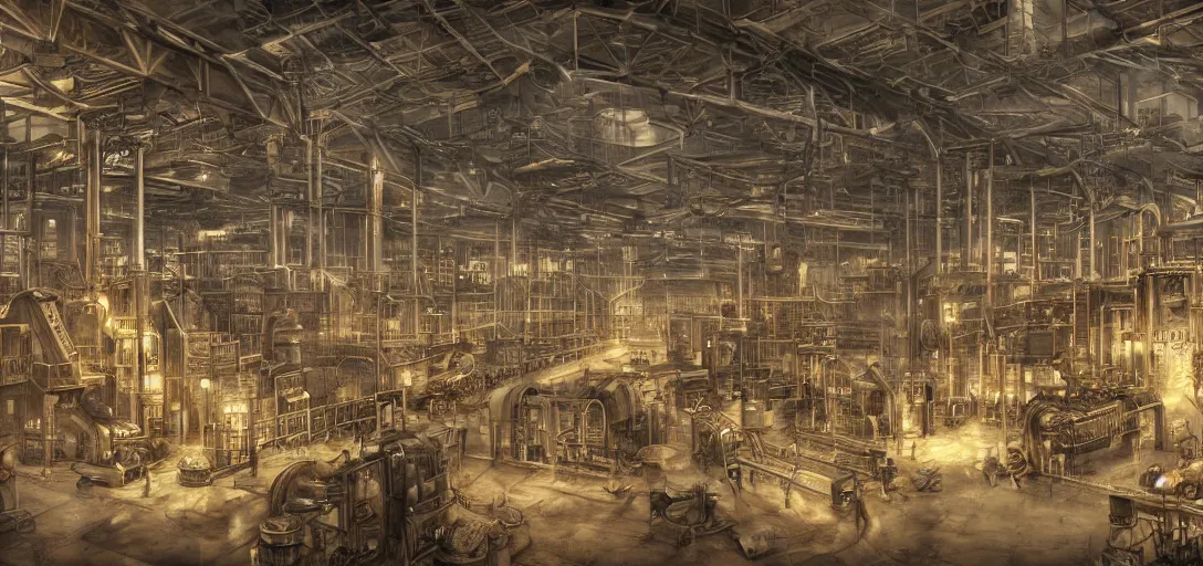 Image similar to photorealistic photograph of a giant steampunk factory, realism, 4k
