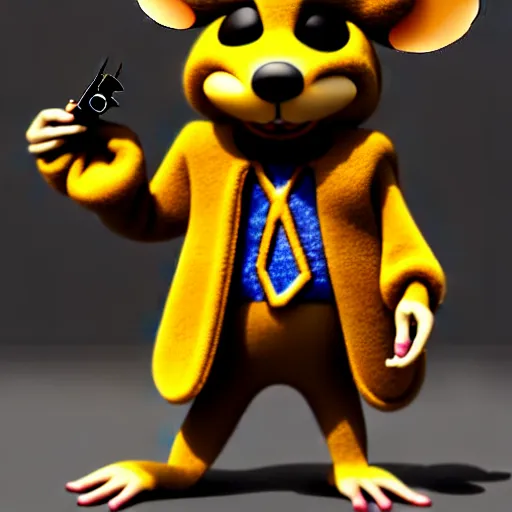 Prompt: 3d anthropomorphic rat, disney pixar, holding pistol, velvet, fur coat, high quality, golden necklace, fendi, high fashion