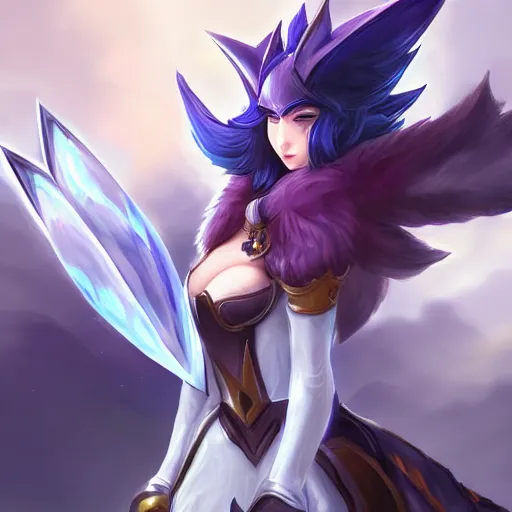 Prompt: Ahri from league of legends wearing knight armor, digital art, smooth lines, high res, amazing composition, splash art