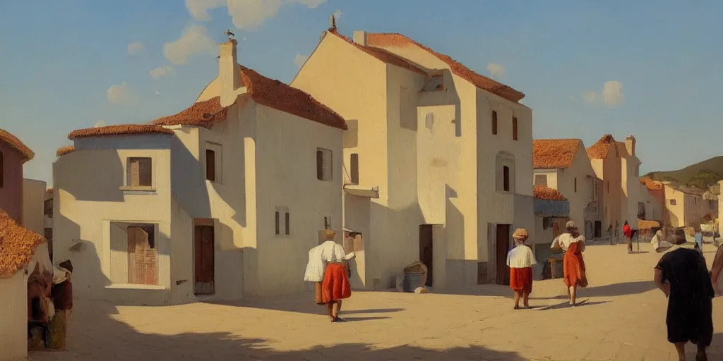 Prompt: a beautiful painting of a mediterranean fishing village in summer by peter ilsted, whitewashed housed, cypress trees, cyan shutters on windows, trending and featured on artstation and behance, people walking down a street