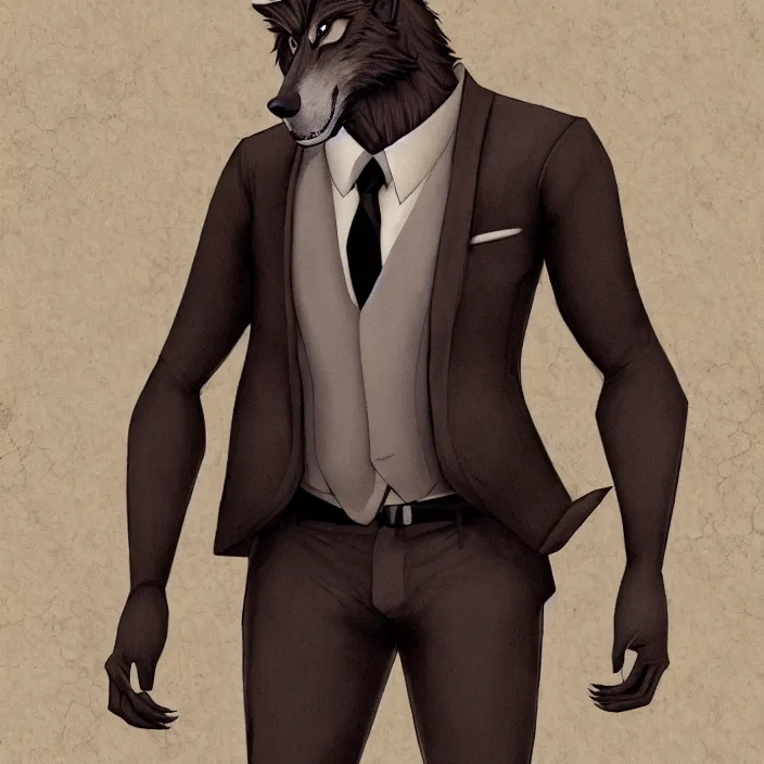 Prompt: a handsome werewolf boyfriend in a dapper suit, furry art, trending on artstation, 8 k