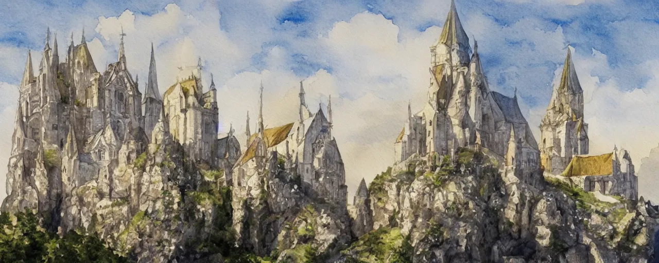 Prompt: white monastery with large tower upon sheer lime cliffs, a ray of sun illuminating, watercolour, high fantasy, extremely detailed
