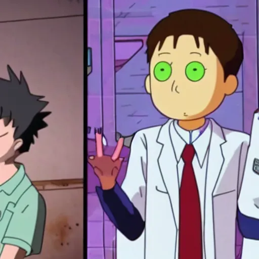 Prompt: Shinji Ikari meets rick and morty in new series crossover