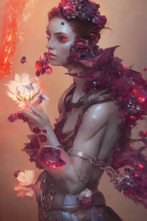 Prompt: beautiful girl necromancer covered with blood exploding crystals, 3 d render, hyper realistic detailed portrait, holding magic flowers, scifi, fantasy, hyper detailed, octane render, concept art, peter mohrbacher, artgerm, ruan jia, wlop