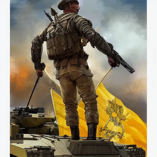 Prompt: a full body shot from distance from behind of a great soldier with a yellow and blue flag standing on a Russian tank in triumph after battle, western, masculine figure, D&D, fantasy, intricate, elegant, highly detailed, digital painting, artstation, concept art, matte, sharp focus, symmetrical, illustration, art by Artgerm and Greg Rutkowski and Alphonse Mucha