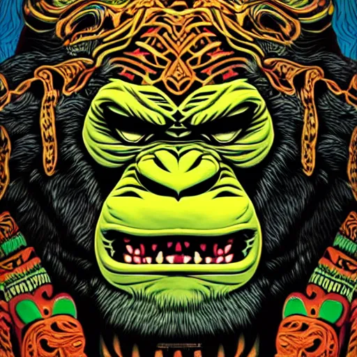 Image similar to barong family member, wiwek, mara demon, one single tribe member, jungle, one single mask, dark, ancient warrior, maniacally laughing grumpy gorilla, lizard, tribal, inner glow, art by dan mumford and justin gerard