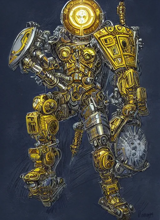 Image similar to dynamic portrait of a intricate glorious holy mechanical warforged character in yellow armor holding a paladin engraved great longsword and carrying a big paladin shield, spotlight from face , epic , trending on ArtStation, cinematic lighting, by Jesper Ejsing and by Philippe Druillet