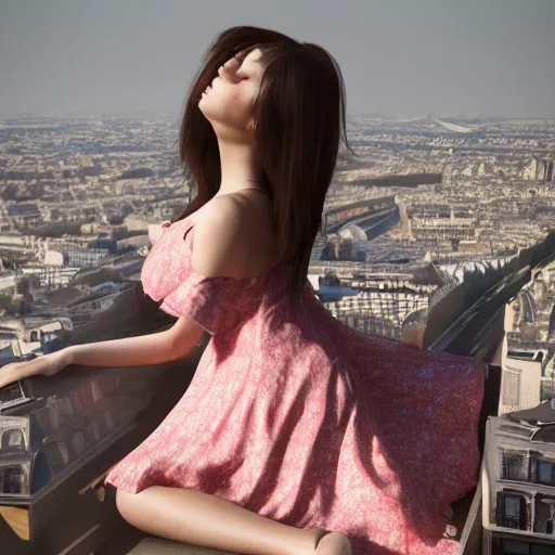 Image similar to A young beautiful giantess wearing a sundress sitting on the Eifel tower,her feet are visible ,detailed body and face, beautiful lighting,digital art , highly detailed , high contrast, beautiful lighting, award winning , trending on art station, 8k, photorealistic,unreal engine 5