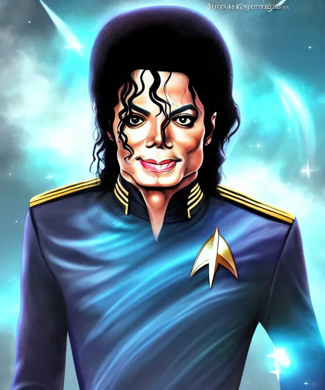 Prompt: fantasy comic style portrait of ( michael jackson ) as a starfleet officer, digital illustration by ken taylor and sana takeda, hd, 4 k, intricate, highly detailed!!, character design, cover art, award winning