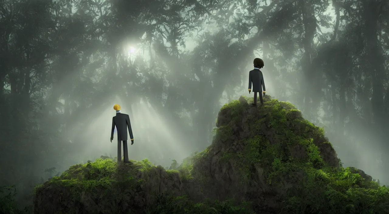 Image similar to photorealistic matte painting of mr burns standing far in misty overgrowth undergrowth jagged rock features volumetric fog light rays high contrast dawn