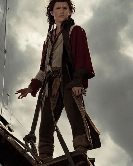 Image similar to film still of tom holland as a pirate, standing on the mast, realistic shaded lighting poster by greg rutkowski, cinematic lighting, sharp focus, highly detailed attributes and atmosphere