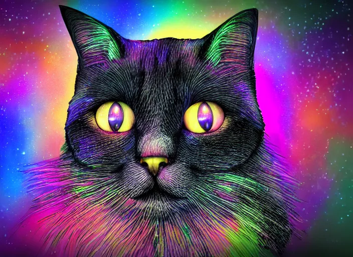 Image similar to coloring book drawing of a cat from a musical sparkly digital space opera, animated film, volumetric lighting, octane render