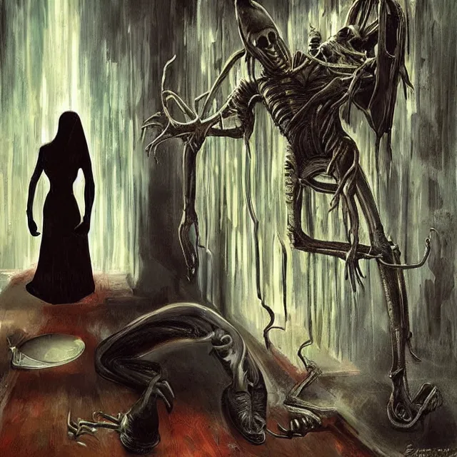 Image similar to a strange creature greeting a female explorer in a dining room, haunted house, masterpiece, grasping pseudopods, rhads!!!, magical realism, urban fantasy, a hooded figure, a fierce woman, ( h. r. giger )