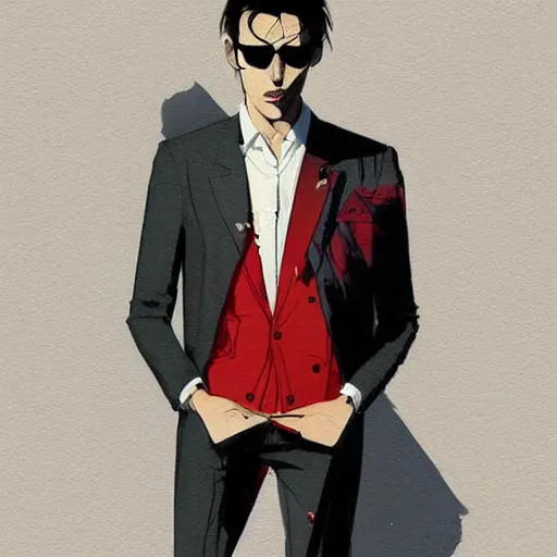 Image similar to a ultradetailed portrait painting of a stylish man wearing suit outfit, by conrad roset, greg rutkowski and makoto shinkai trending on artstation