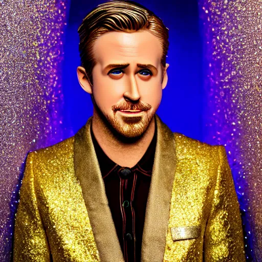 Image similar to Ryan Gosling with silver-violet hair, white eyes and golden glittery dress, wide lens, diorama, 4k,