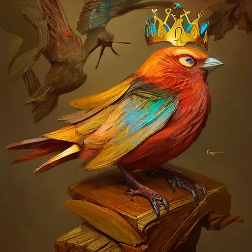 Image similar to carved wooden colorful bird, golden crown, dark, rusty, fantasy forest, highly detailed, realistic, artstation, concept art, smooth, sharp focus, illustration, art by artgerm and greg rutkowski and alphonse mucha