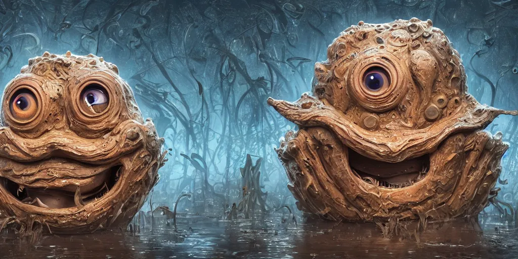 Image similar to of an intricate muddy water with strange cute friendly happy creatures with huge eyes, long tongue, round teeth and goofy funny face, appearing from the background, in the style of gehry and gaudi, macro lens, shallow depth of field, ultra detailed, digital painting, trending artstation, concept art, illustration, cinematic lighting, photorealism, epic, octane render