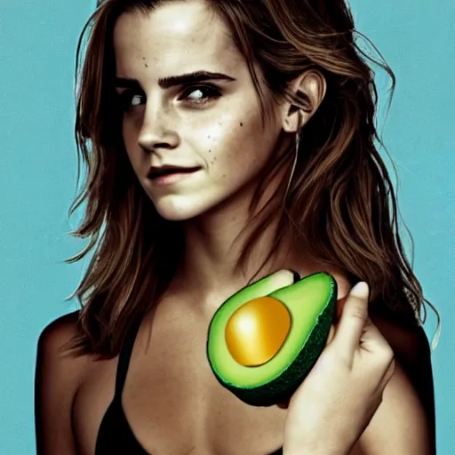 Image similar to photograph of emma watson with avocado - colored skin, anthropomorphic, photoshop