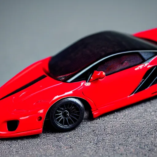 Image similar to a close up of a hotwheel supercar it has a red and black paint job, photoreal, car photography, hotwheels, award winning, supercar