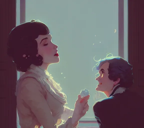 Prompt: portrait of elizabeth kissing darcy by atey ghailan, by greg rutkowski, by greg tocchini, by james gilleard, by joe fenton, by kaethe butcher, dynamic lighting, gradient light blue, brown, blonde cream and white color scheme, grunge aesthetic